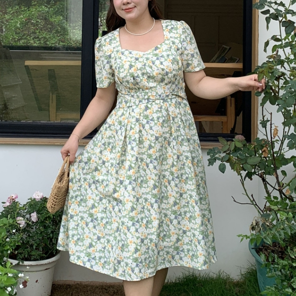브루니 빅사이즈원피스 플라워 반팔 원피스 L~4XL J4 : 부루니