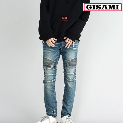 기사미 바이커진 디스트로이드청바지 바이크스타일 슬림팬츠 8562 Blue : 기사미닷컴
