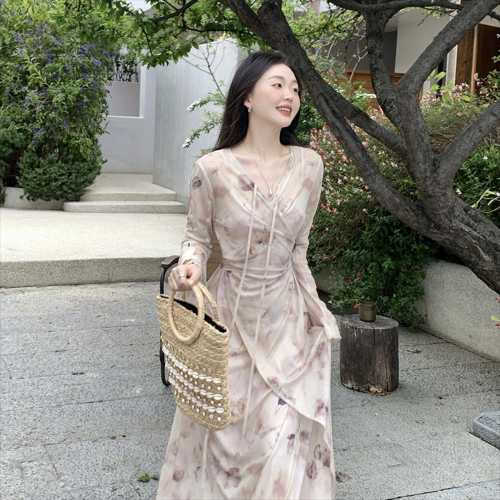 여름 플레어 스커트 벨 슬리브 잉크 원피스 롱 : 아메리카 백화점