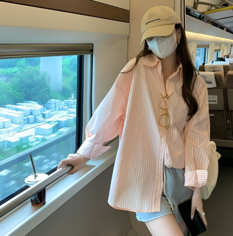 여성 스트라이프 셔츠 : 화이트뮬리