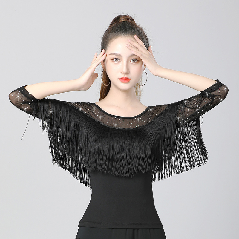 델엔라 7부 반짝이 수술 댄스복 상의 라인 라틴 스포츠 살사 댄스 연습복 공연복 : 니드코코