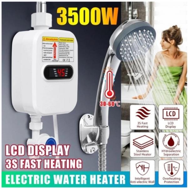 욕실 주방 탱크 없는 전기 순간 온수기 샤워, 3500W 220V 3S 난방, 온도 표시, EU 플러그 : 폴리무역