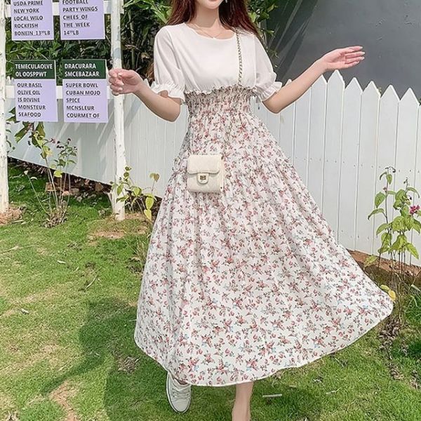 여성여름원피스 민소매원피스 반팔 나시 롱 미니 투피스 느낌 배색 여성 쉬폰 코디 A라인 원피스 : 일곱가지나눔