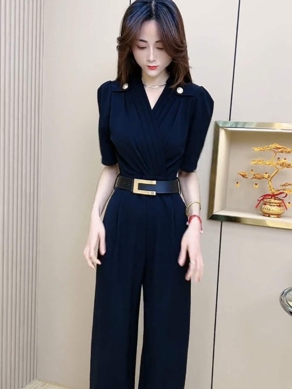 벨트 점프수트 여름 반팔 팬츠 바지 정장 퍼프 소매 셋업 수트 시크한 스트레이트 원피스 : 에버그린1004