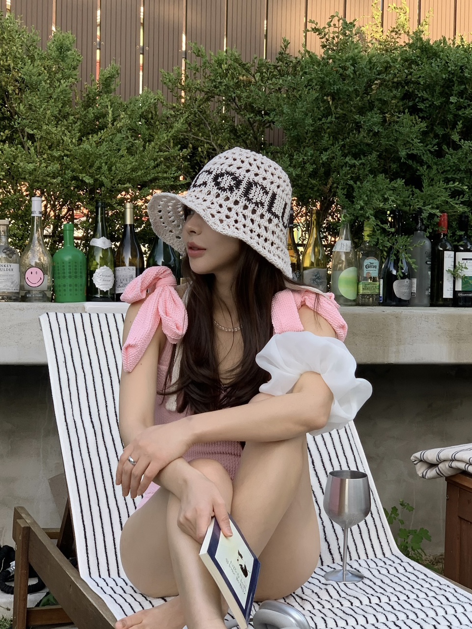 로고 네트 보넷모자 니트버킷햇 턱끈 벙거지 여름뜨개모자 : 모노플로르