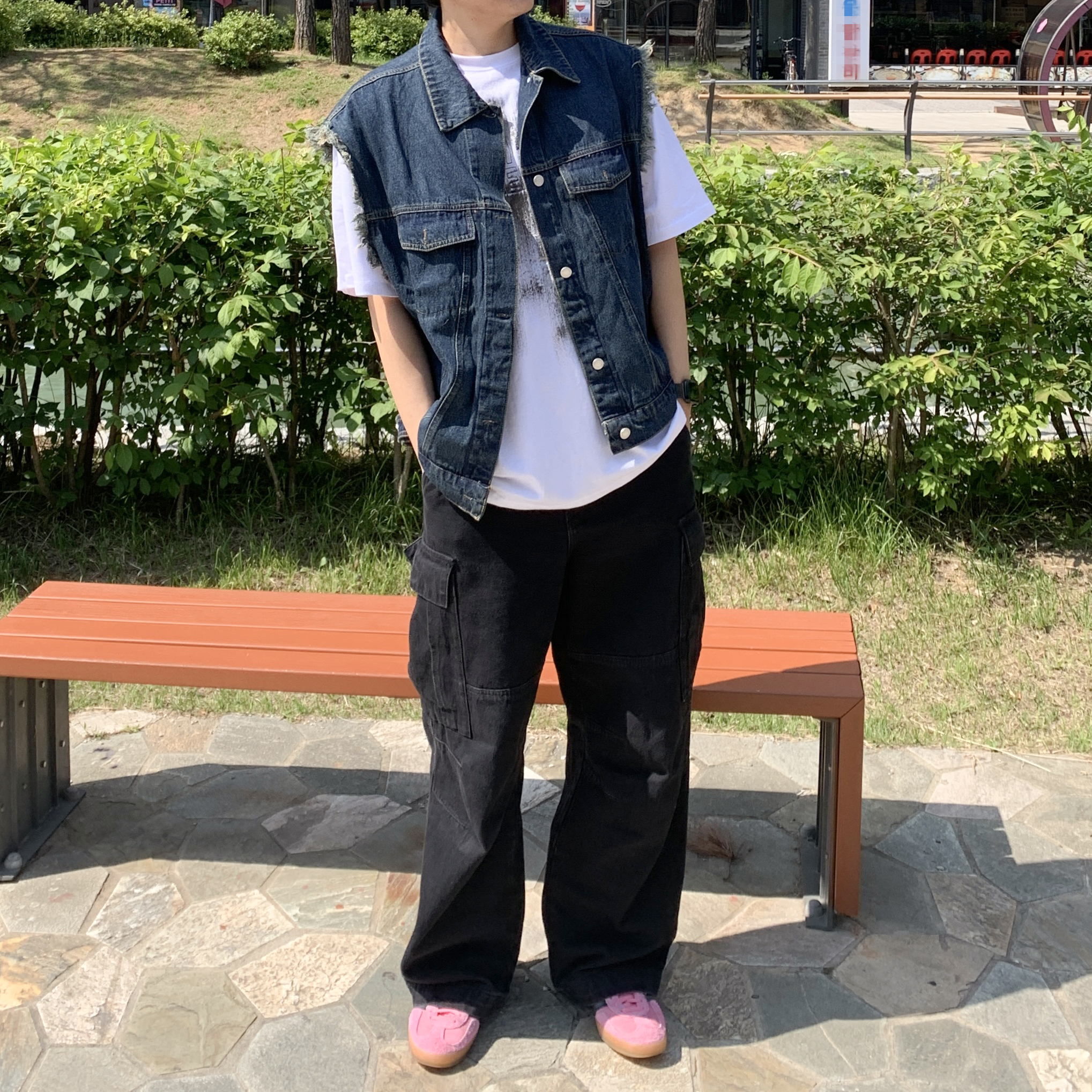 게러지 컷 데님 베스트 2color 남녀공용 봄 여름 가을 조끼 : 아웃어타임