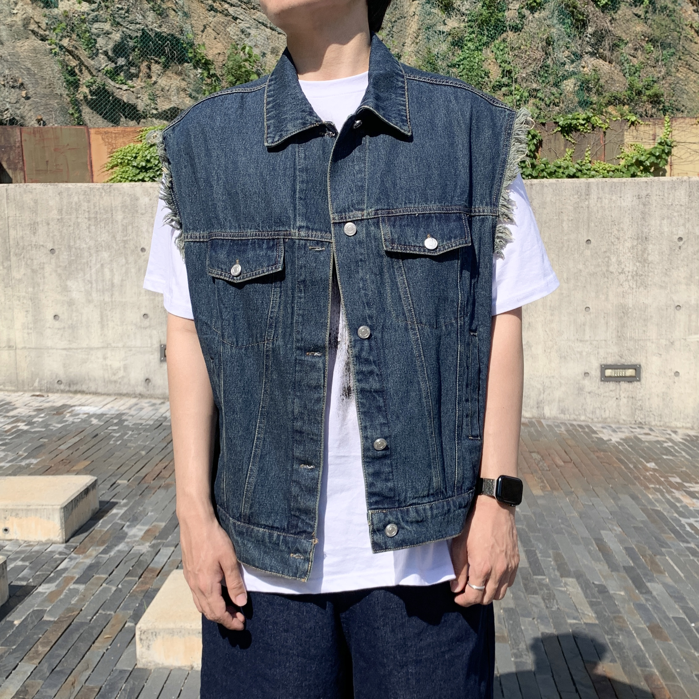 게러지 컷 데님 베스트 2color 남녀공용 봄 여름 가을 조끼 : 아웃어타임