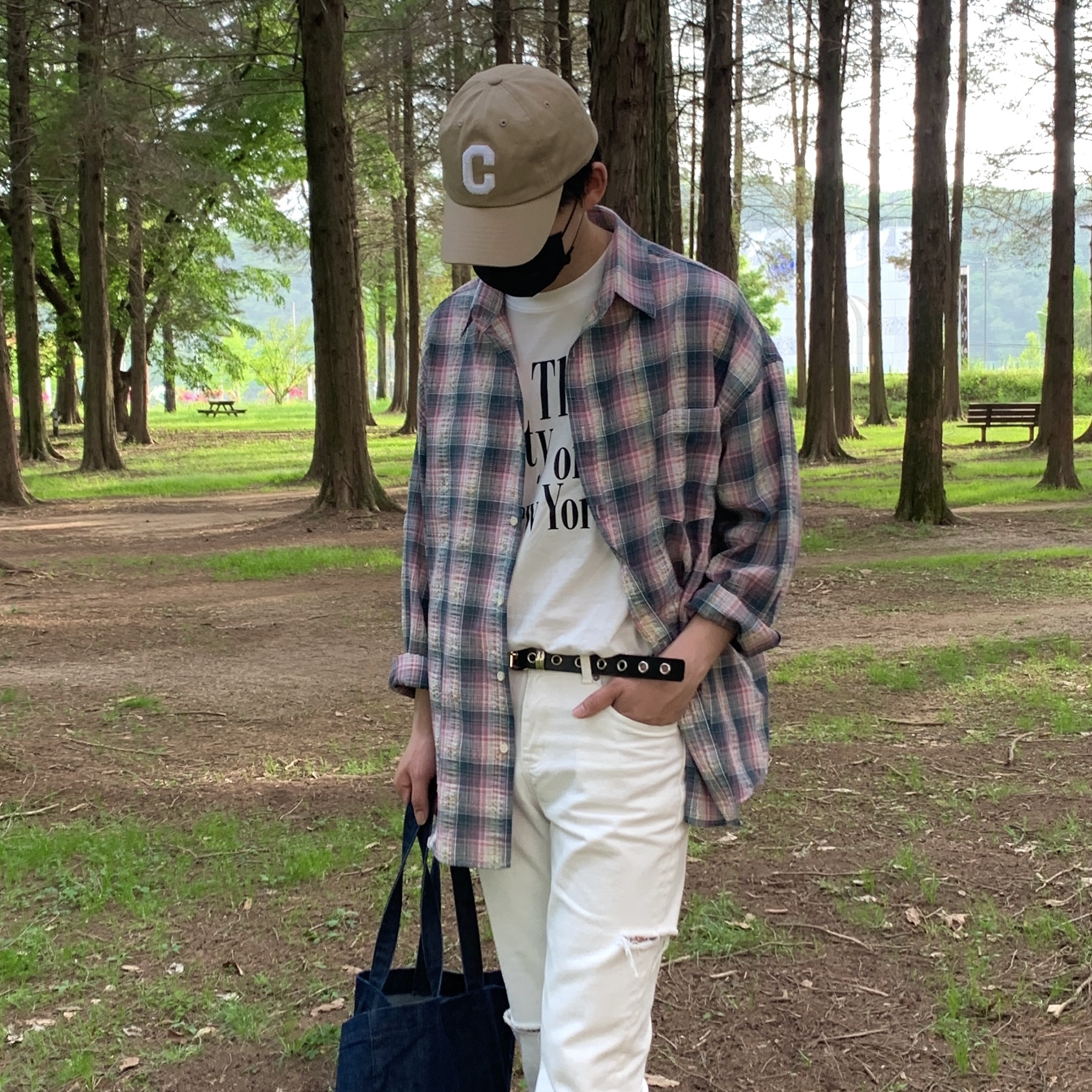 남자 린넨셔츠 여름셔츠 핑크 오버핏 체크남방 : 구오룸