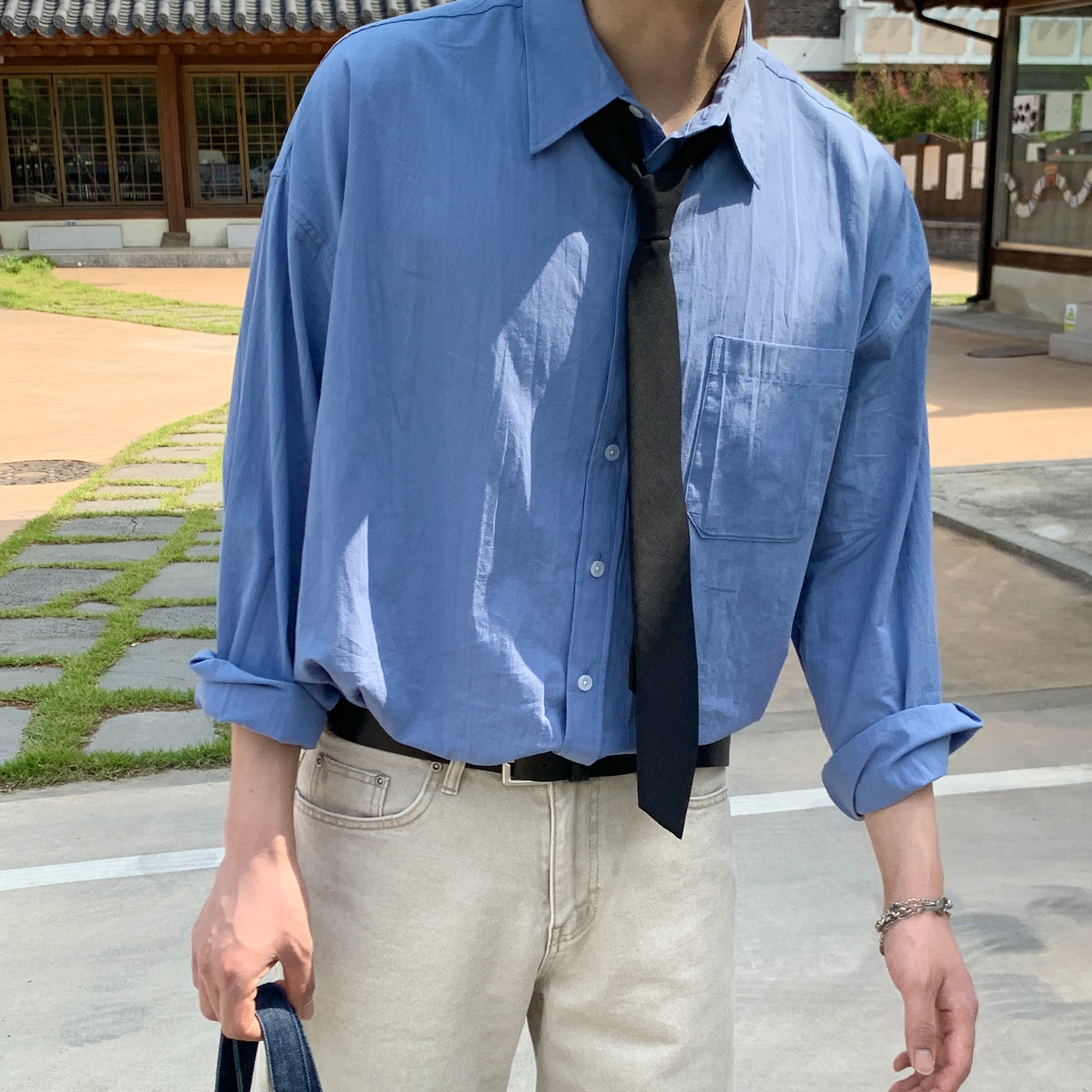 남자여름셔츠 오버핏 블루 얇은셔츠 : 구오룸