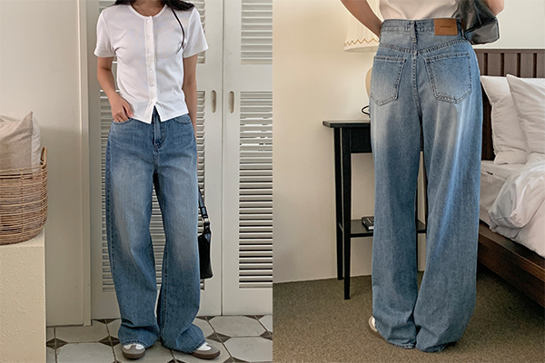 멘드니 워싱 포인트 썸머 일자 와이드 핏 데님팬츠-1color : Lindashop