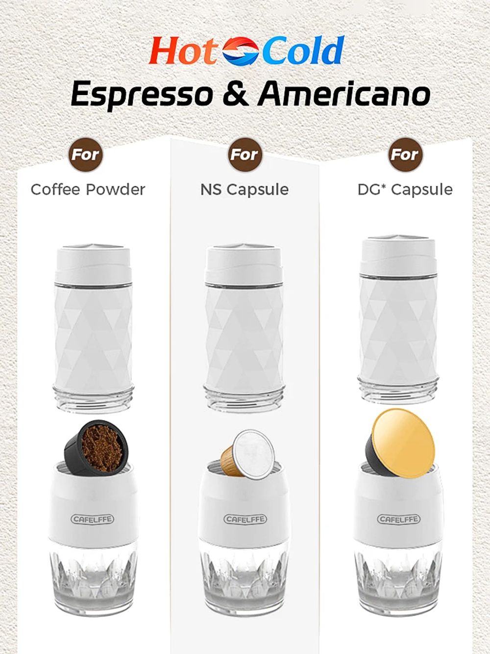 Cafelffe 휴대용 커피 머신 수동 에스프레소 메이커 온수 및 냉수 캡슐 그라운드 핸드 프레스 브루어 가정 여행용 3 in 1 : 렛츠바잉19