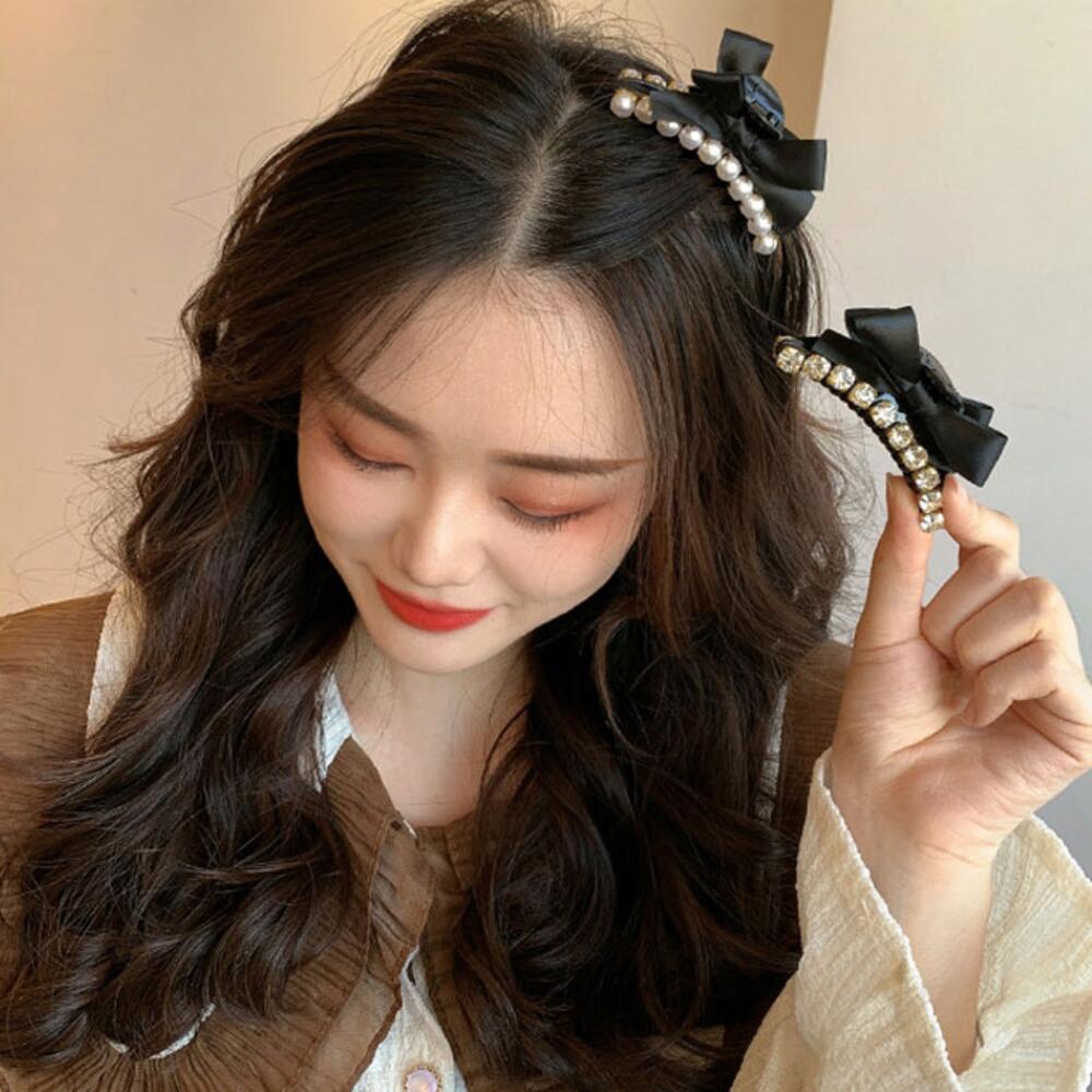 여성 포인트주기 좋은 진주 큐빅 리본 반묶음 잔머리 미니 집게핀 : 2LEEON