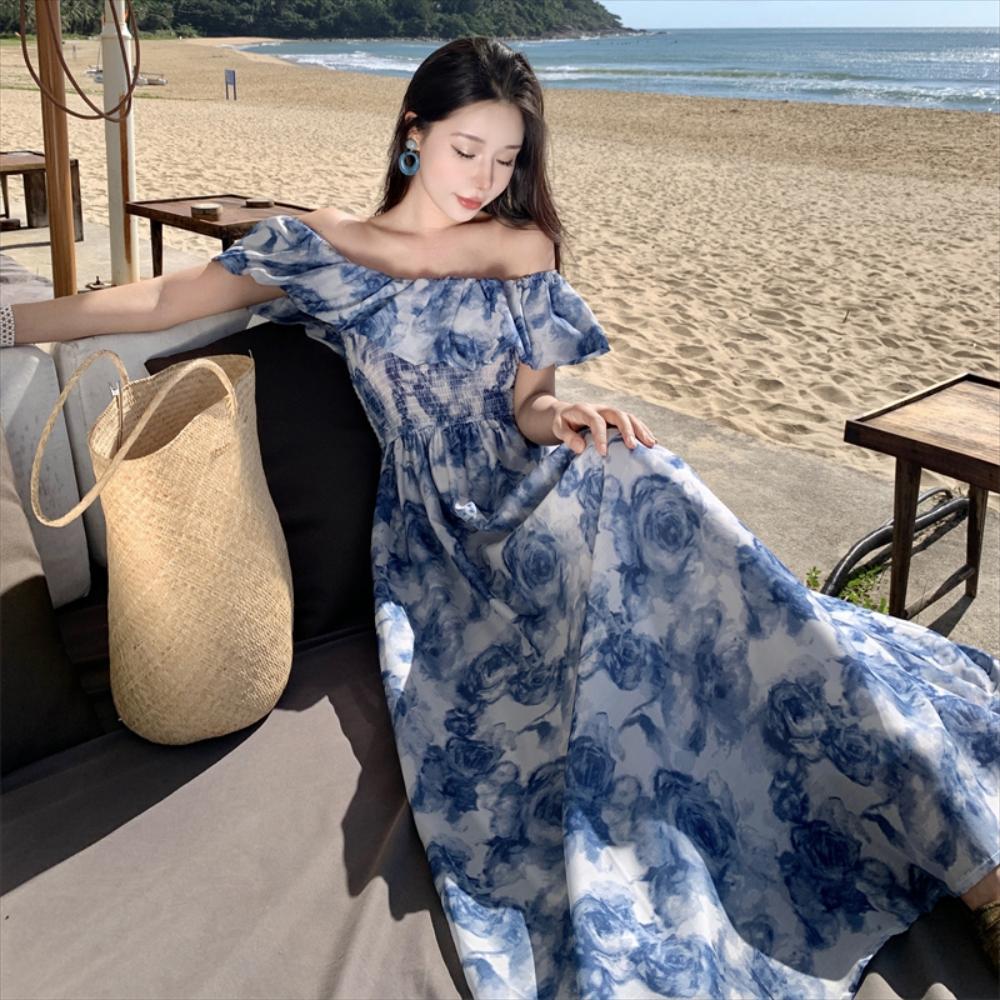 수입 롱 원피스 물 안개 동백 숄더 해변 휴가 꽃 무늬 스커트 보헤미안 분위기 : 프랑스 백화점