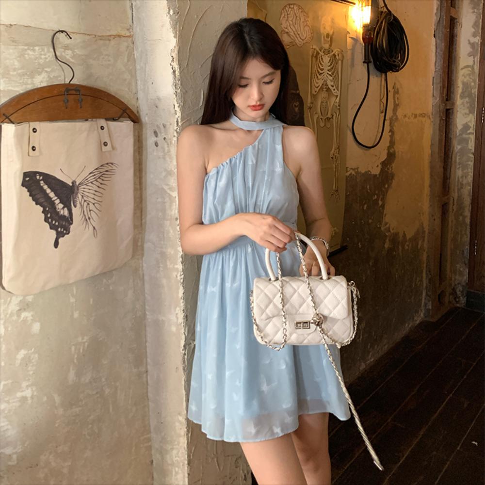 동남아 오프숄더 원피스 여성 멋진 나비 오블 리크 블루 홀터넥 여름 유영 쉬폰 스커트 : 프랑스 백화점