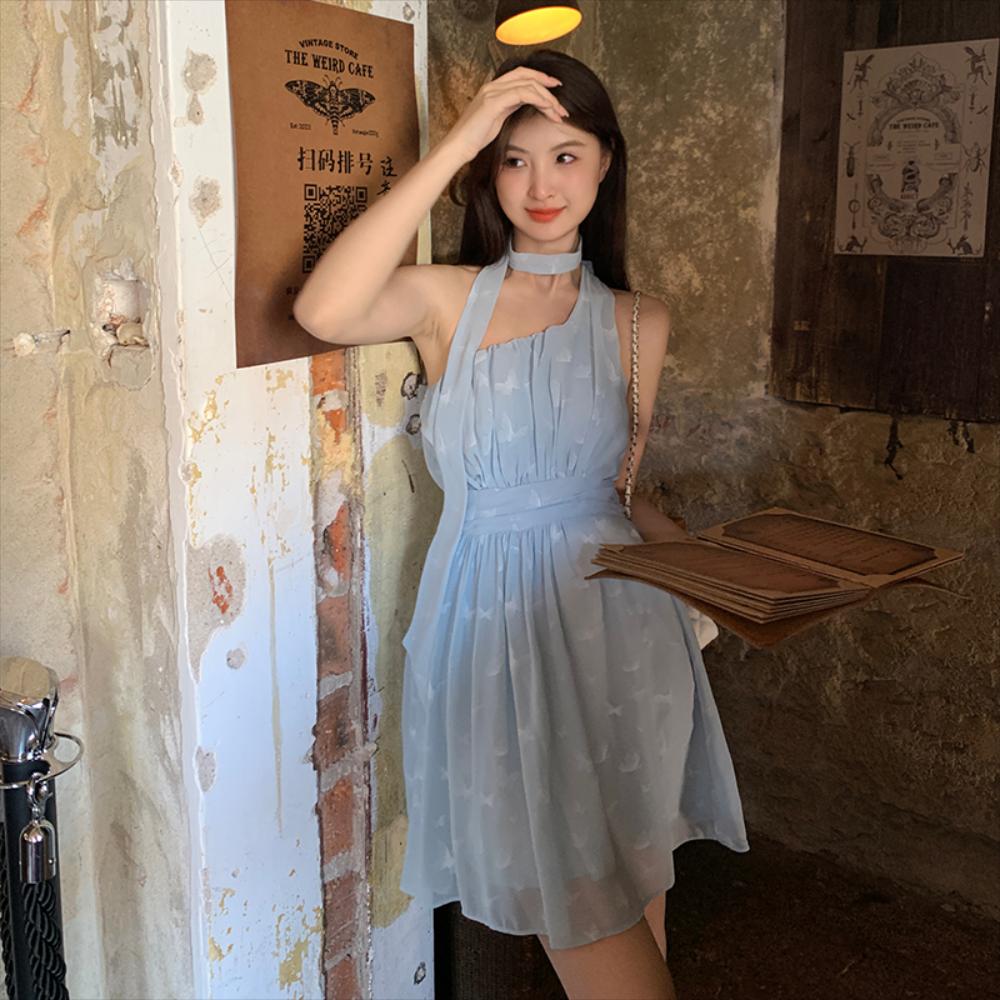 동남아 오프숄더 원피스 여성 멋진 나비 오블 리크 블루 홀터넥 여름 유영 쉬폰 스커트 : 프랑스 백화점