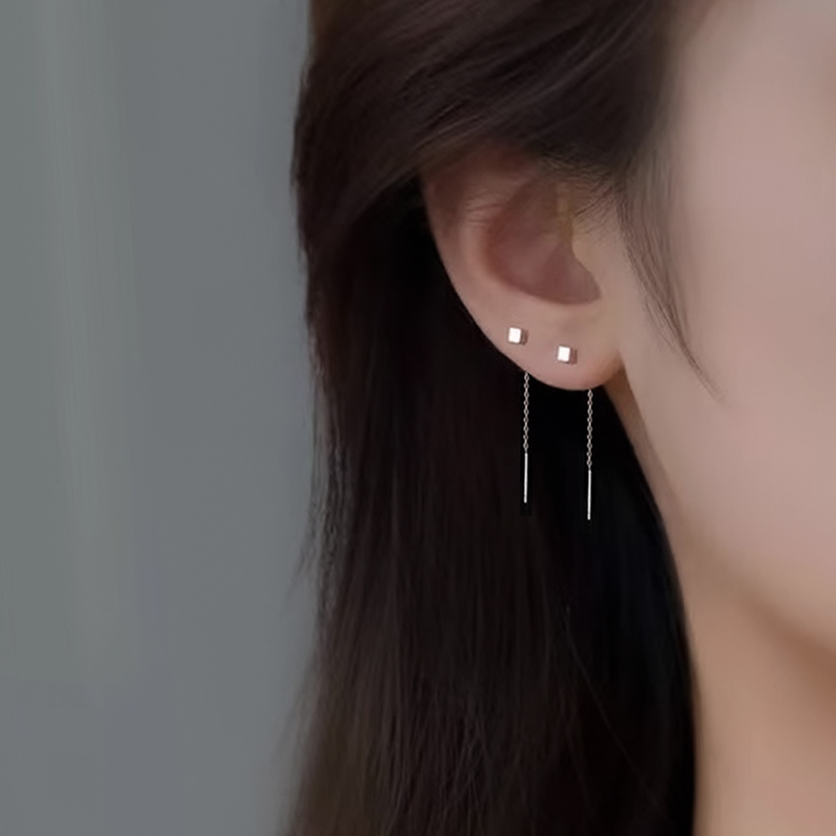 스퀘어 미디 드롭 귀걸이 [실버] N373 : 알제브