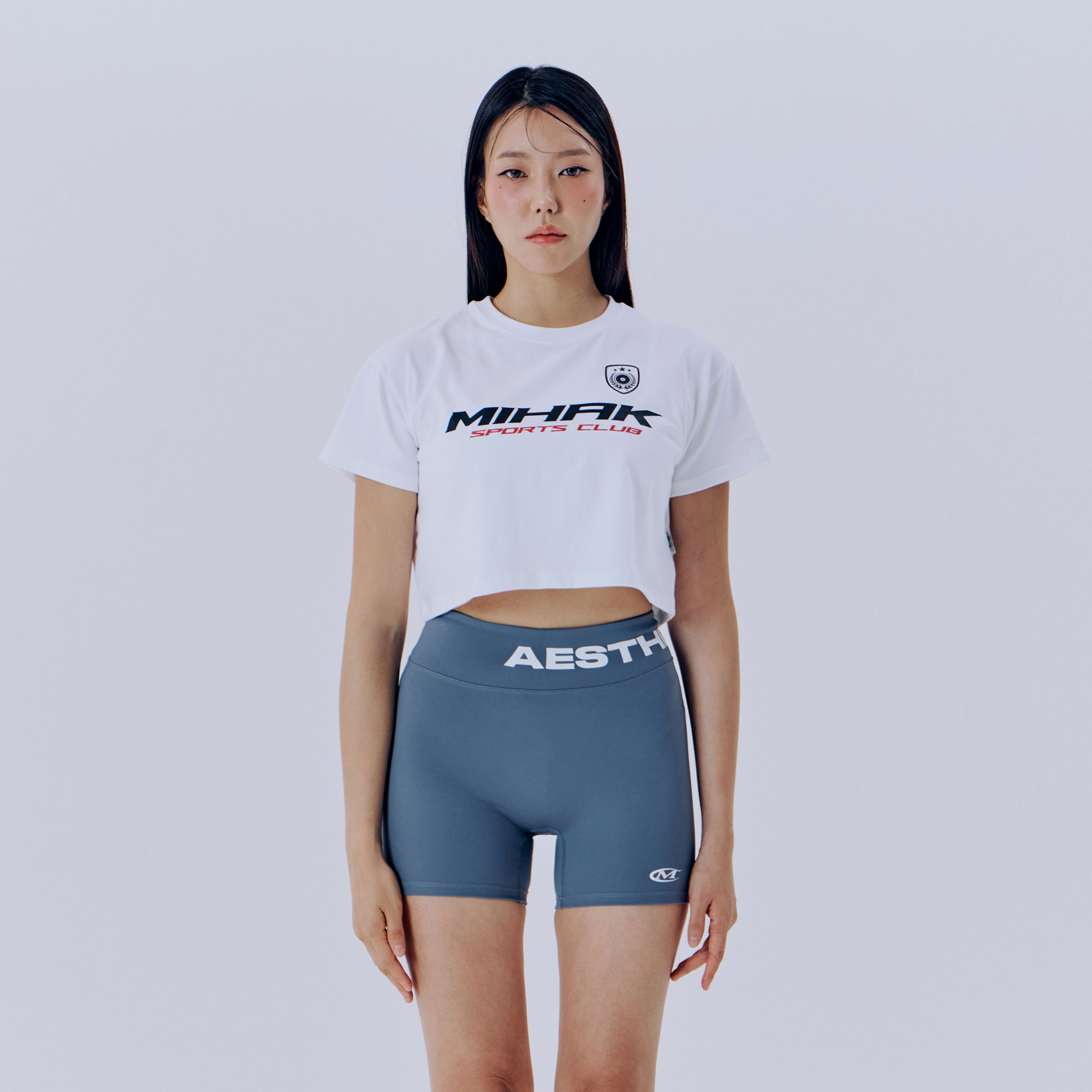 미학 스폰서 로고 크롭 티셔츠 WHITE 운동복 짐웨어 : MIHK 미학