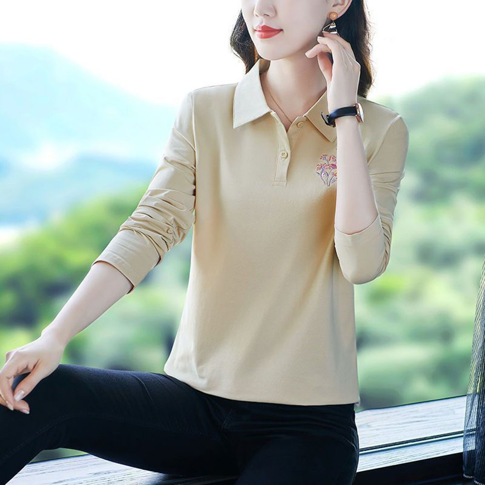 여성 중년엄마옷 빅사이즈 순면 자수 데일리 카라넥 긴팔 티셔츠 간절기티 V71004 : 플로엔스