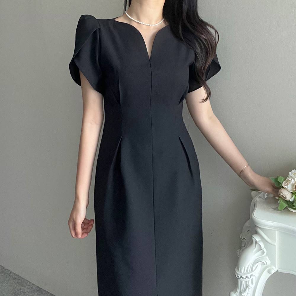 아일로 퍼프 하트넥 튤립소매 넥트임 핀턱 H라인 미디 앞트임 슬릿 여름 원피스(2color) : 엘린무드