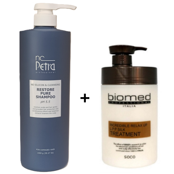 엔씨페트라 리스토어 퓨어 미용실 샵전용 대용량 약산성 무실리콘 샴푸 1000ml+바이오메드 릴렉스업 LPP 실크 트리트먼트 1000ml : 헤어... 