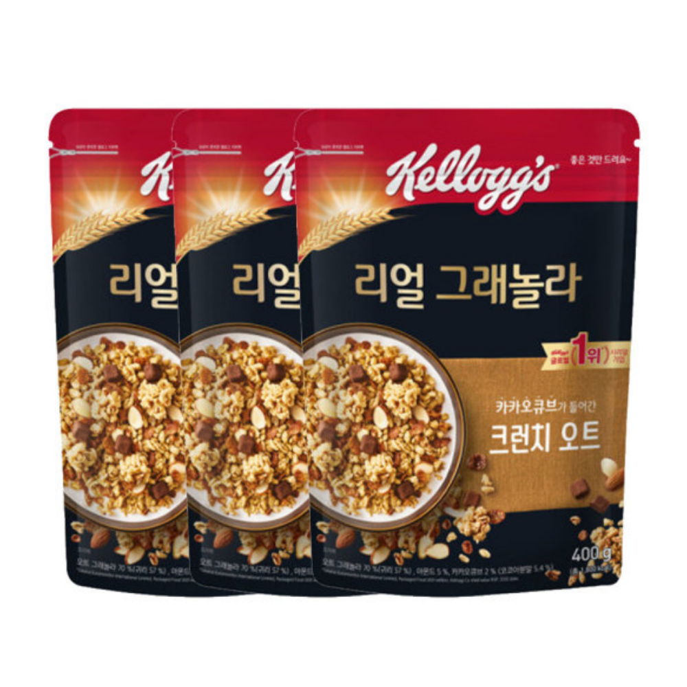 켈로그 리얼 그래놀라 크런치 오트 400g (3개) 지퍼팩 파우치 카카오큐브 간편식 : 빅퍼니스토어