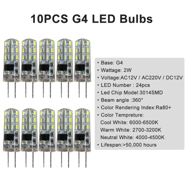 미니조명 G4 미니 LED 전구, 2W 실리콘 램프, 3014SMD, 12V, 조명, 쿨, 뉴트럴, 웜 화이트 가정용 샹들리에, 10 개 : 소울마운트스토어