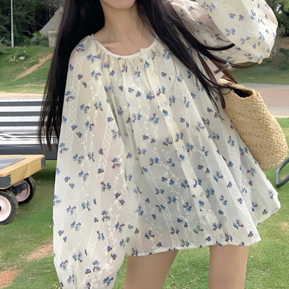 여성 시스루 플라워 패턴 블라우스 : 제이엔엘뷰