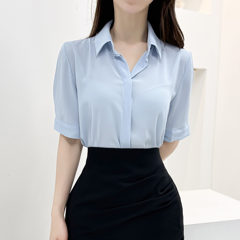 [면접룩/하객룩/오피스룩] 플레인 기본 반팔 히든버튼 반팔 카라블라우스/4color : 오드리버블