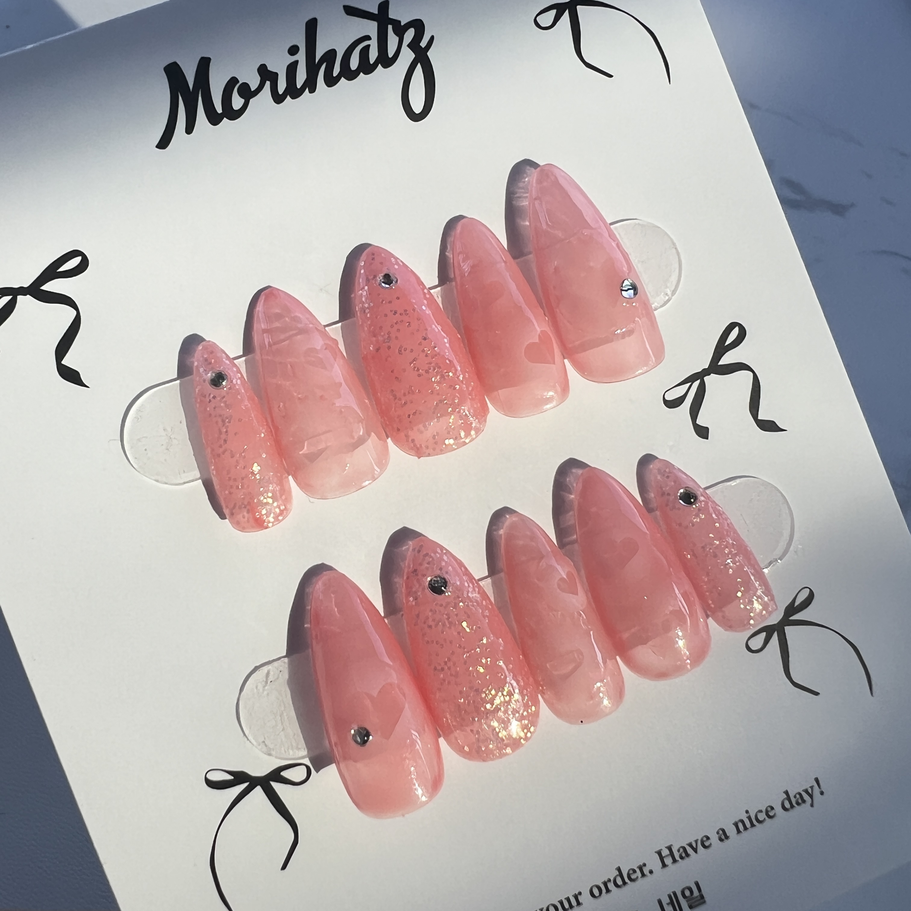 핑크 하트 그라데이션 수제네일팁 : MORIHATZ 모리하츠