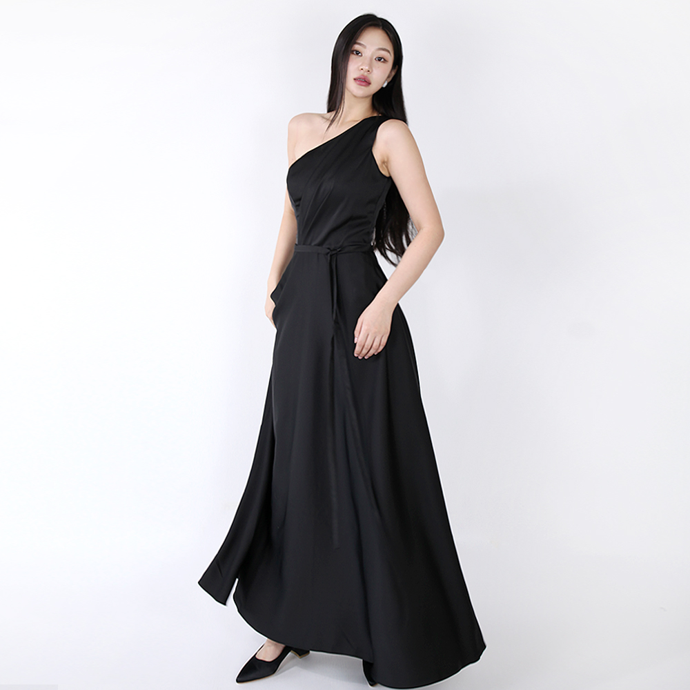 블랙 실크 원숄더 드레스 (S-4XL)  연주회 빅사이즈 콩쿨 파티 합창 : 숲속드레스2
