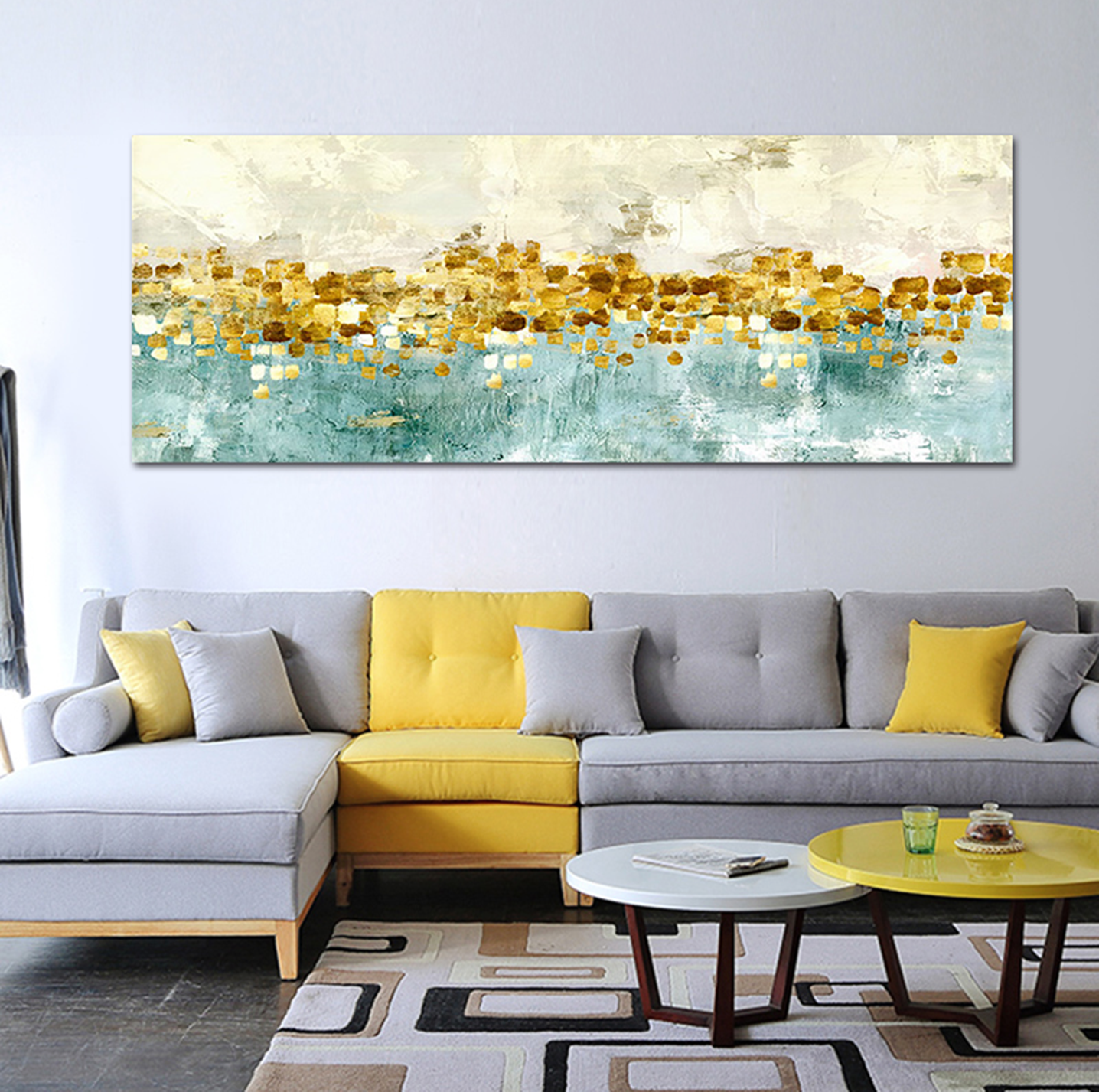 와이드액자 그림 액자 벽인테리어 거실 대형 사무실 황금빛 모자이크 추상화 150x50cm : 한결같이