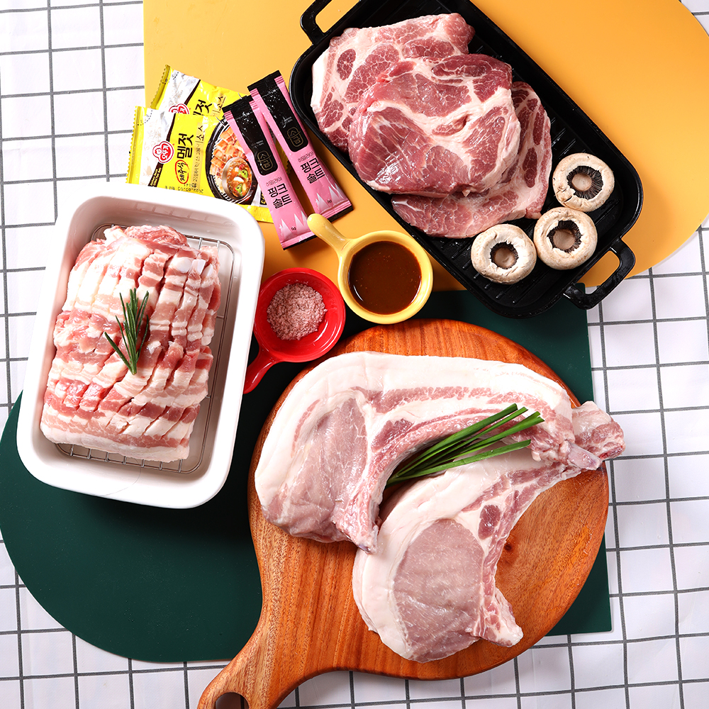 1등급이상의 암퇘지 숙성한돈 캠핑고기세트 1kg/2kg 벌집삼겹살 떡목살 돈마호크 뼈삼겹 : 미트레시피