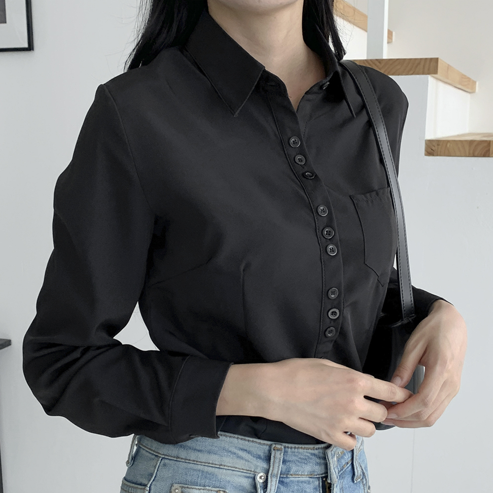 슬림핏 여성 셔츠 셔링 블라우스 베이직 기본 긴팔 화이트 블랙 와이셔츠 : 로로스키니 브랜드
