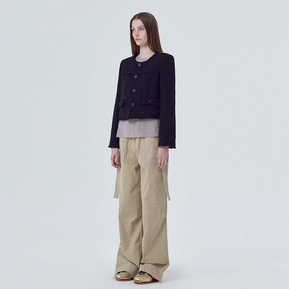 Cut-Off Button Tweed Jacket, Black : ETMON