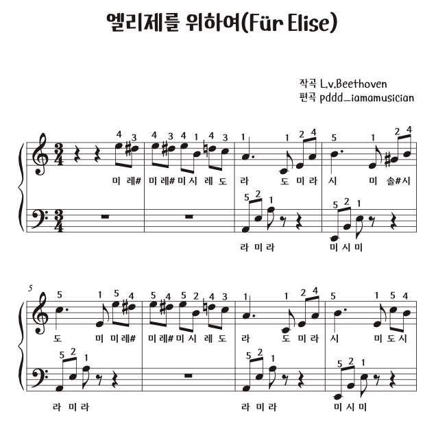 엘리제를 위하여(계이름/손가락 번호) 쉬운 피아노 악보 pdf 파일 메일 발송 : 푸딩동댕 피아노 수업 악보