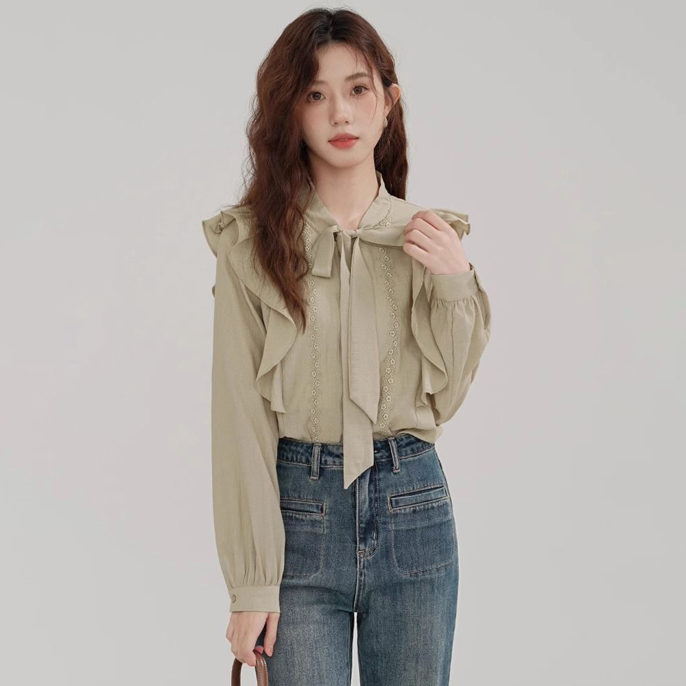 여성 빈티지 싱글버튼 블라우스 나비매듭 입체장식 프릴 러블리 네일리룩 Y091118 : 플로엔스