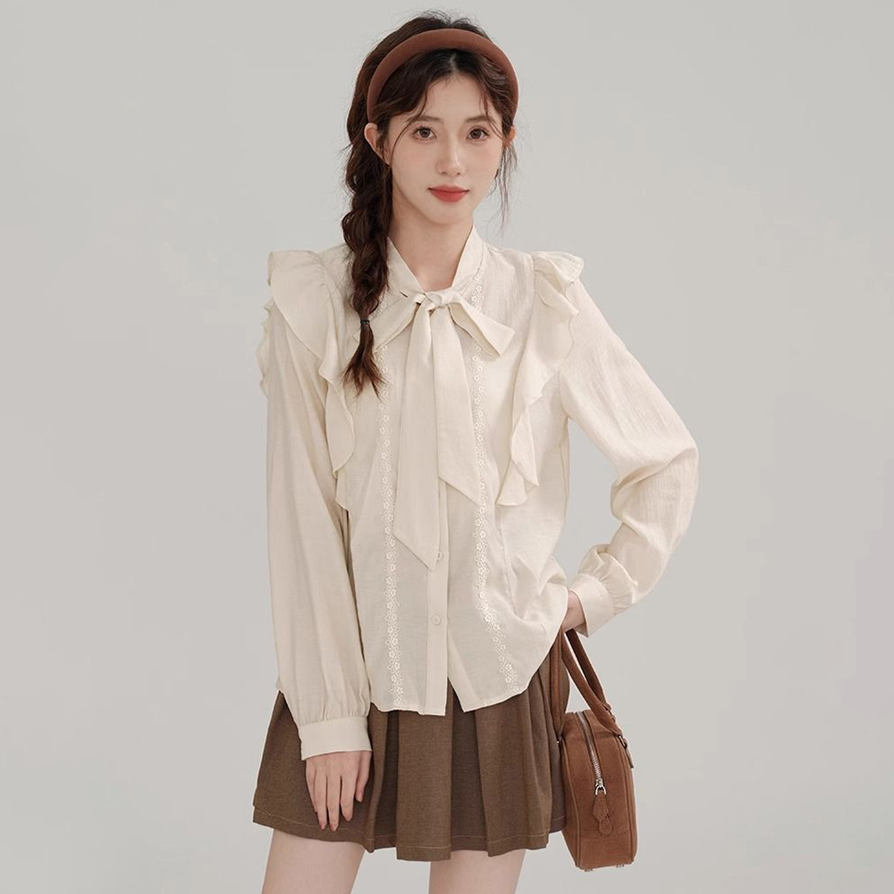 여성 빈티지 싱글버튼 블라우스 나비매듭 입체장식 프릴 러블리 네일리룩 Y091118 : 플로엔스