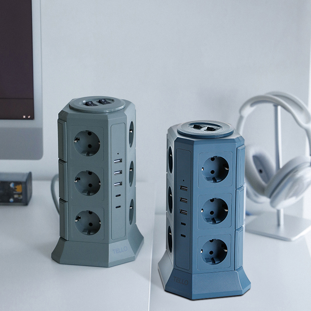 텔로 (에디션) 타워 멀티탭 17구(USB-3,CTYPE-2) KC인증 접지 안전 고급 멀티탭 선정리 가능한 인테리어 귀여운 디자인 예쁜색상, 2m, 딥블루, 1개 상세사진 2
