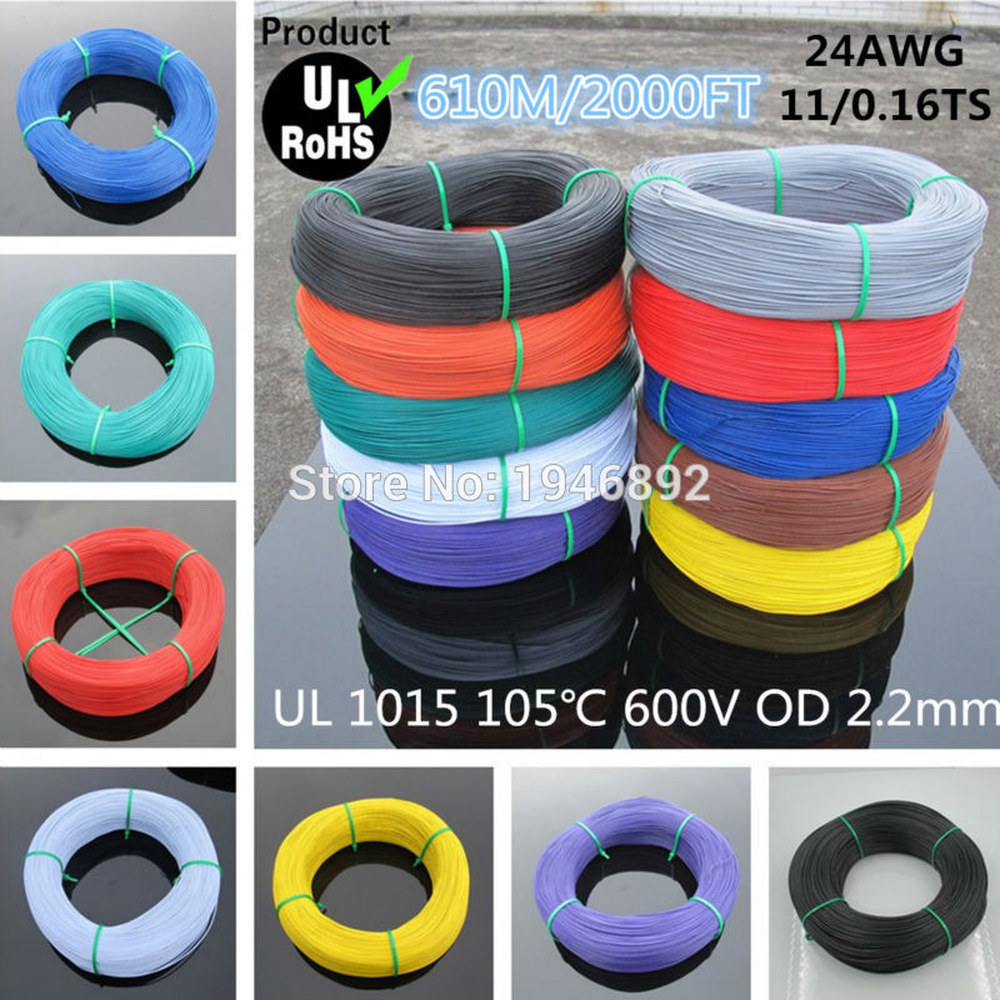 610 미터 2000FT 연선 24AWG UL1015 직경 2 2mm 105 도 600V 전자 와이어 도체 10 가지 색상 : MiirN