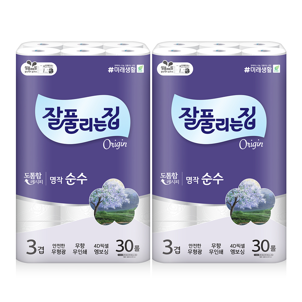 잘풀리는집 명작 순수 3겹 두루마리 롤 화장실 휴지 화장지 30M 30롤 2팩 : 미래생활 온라인 공식스토어