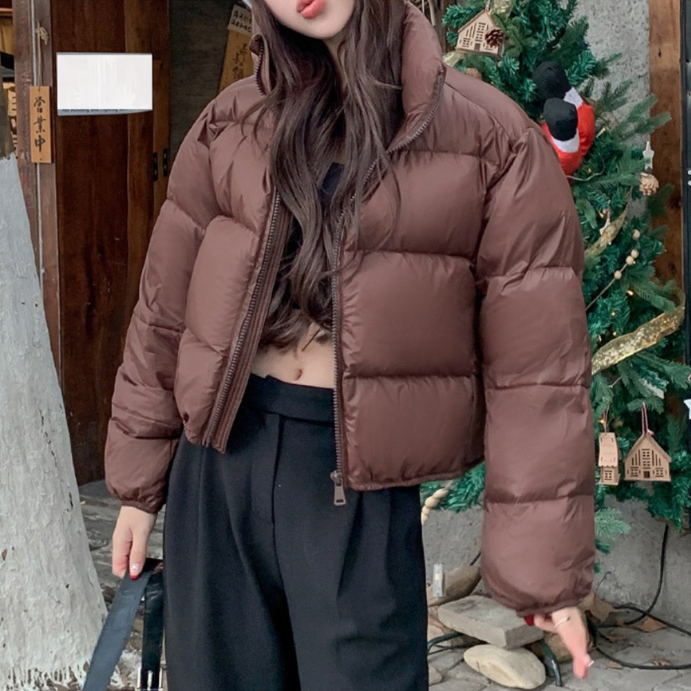여학생 가벼운 브라운 짧은기장 하이넥 숏 패딩 : 무니네로