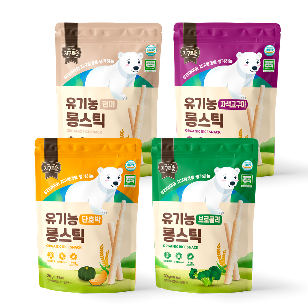지구로운 유기농 아기 과자  떡뻥 돌아기 간식 롱스틱 4종 세트 : 자연그대로 지구로운