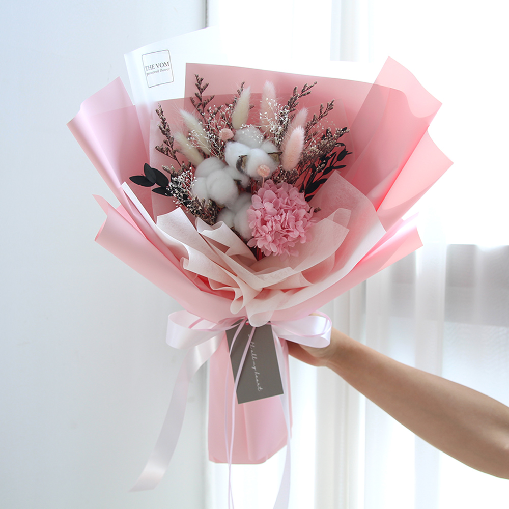 드라이플라워 프리저브드플라워 목화 핑크 수국 꽃다발 여친 생일 졸업식 100일 축하꽃 선물 : 더봄 프리저브드 플라워