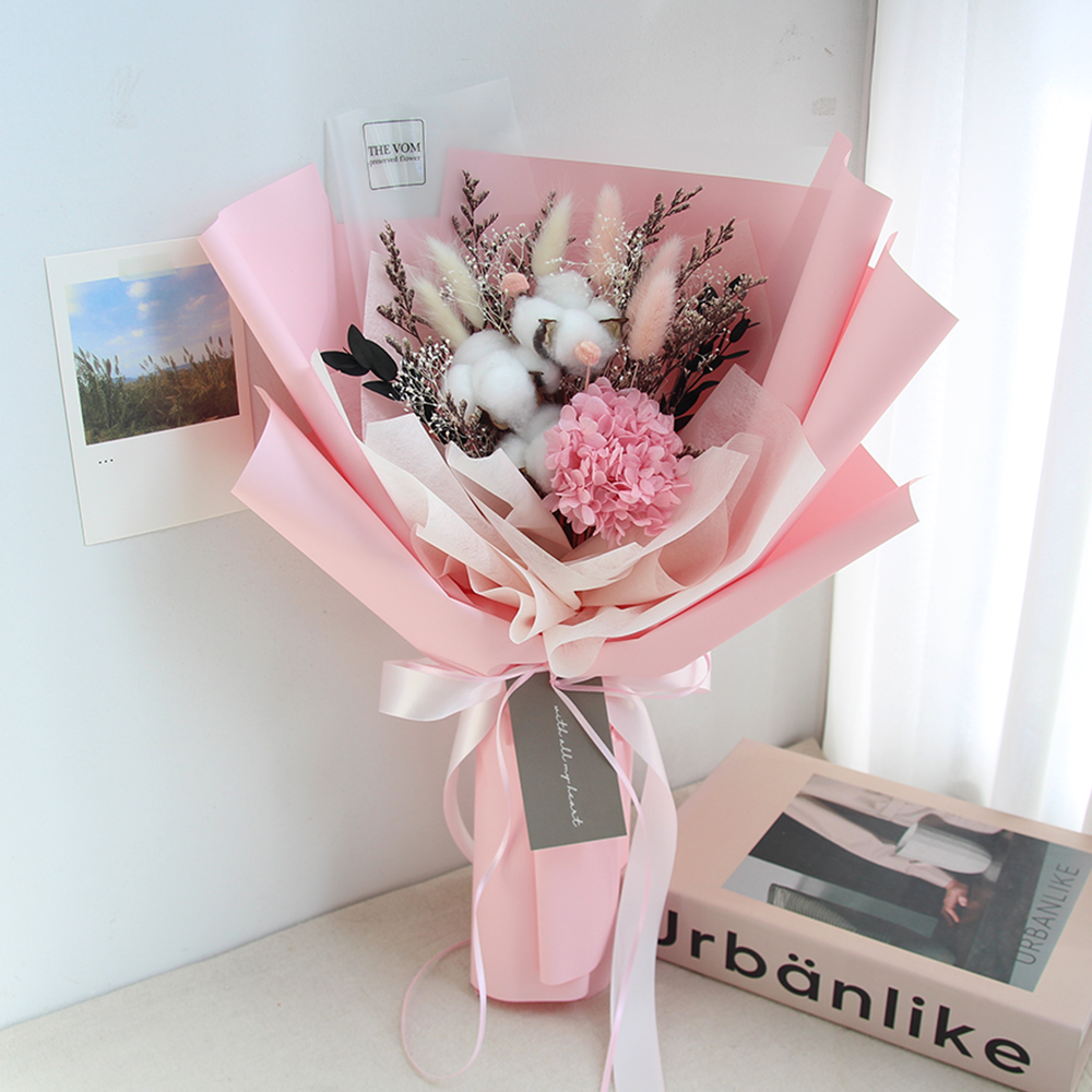 드라이플라워 프리저브드플라워 꽃다발 목화 핑크 수국 여친 생일 축하  졸업 꽃다발 : 더봄 프리저브드 플라워