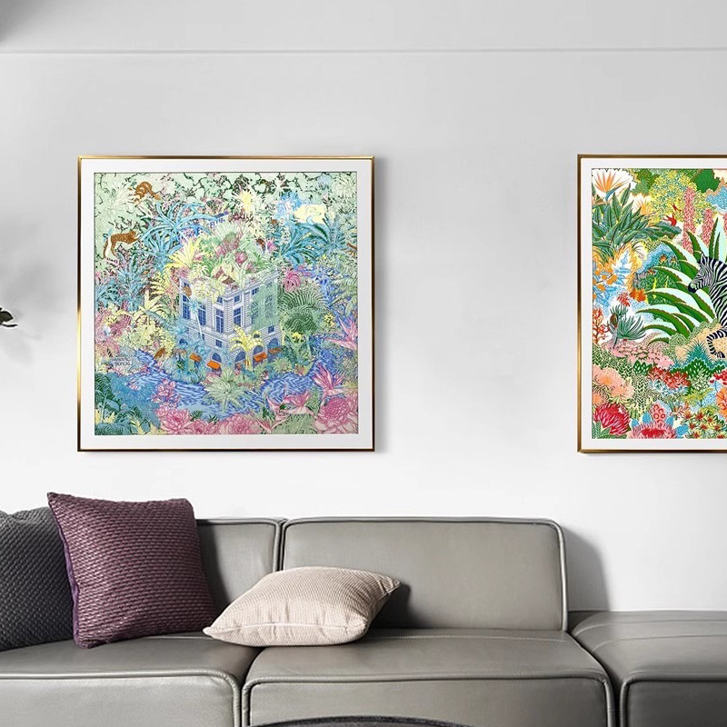 숲 속의 얼룩말 고급 실크 스카프 그림 90cm 핸드 프레임 거실 현관 모던 조명 액자 : 세이프안전