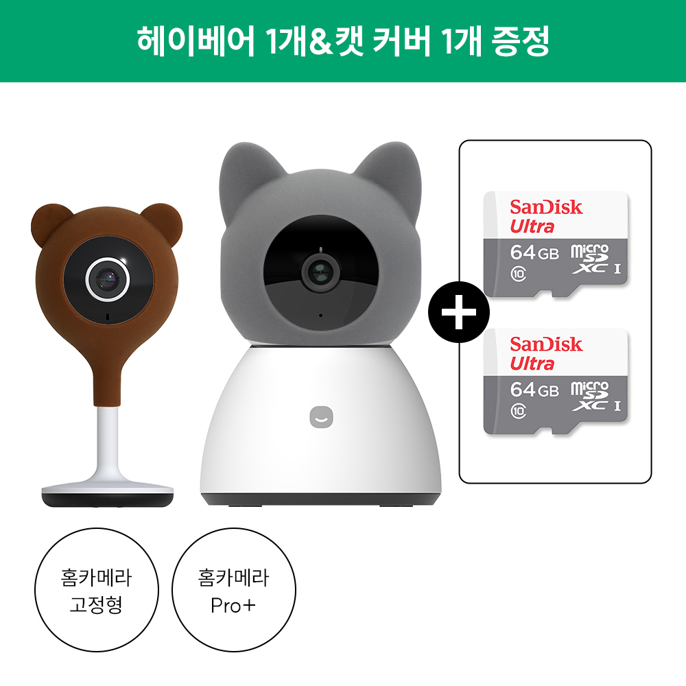 ★커버증정★[베스트03] 헤이홈 스마트 홈캠 고정형+Pro플러스+64G 메모리 2개 세트 : Hejhome