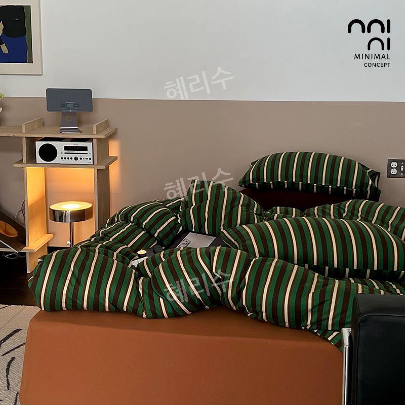 신혼색동이불 스트라이프 이불 침구 먼지없는 인테리어 糯米蓝  베개커버  줄무늬  건조기 사용 침구류(매트리스 23cm 이내) 1.2m 침대에... 