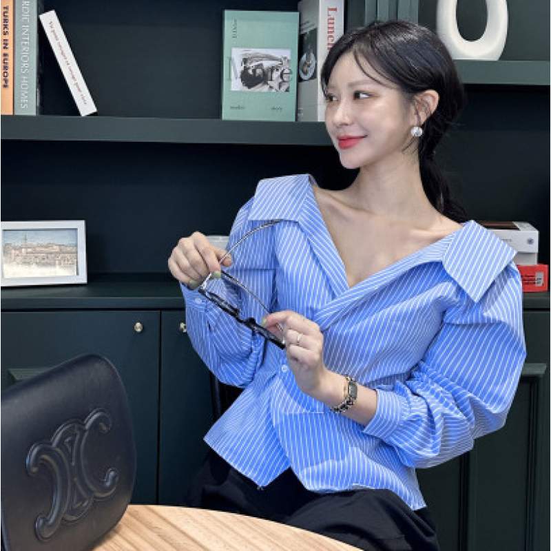 오픈카라셔츠 브이넥 랩언발라인 오픈숄더 퍼프 블라우스 라이프무드 : 라이프무드LIFEMOOD
