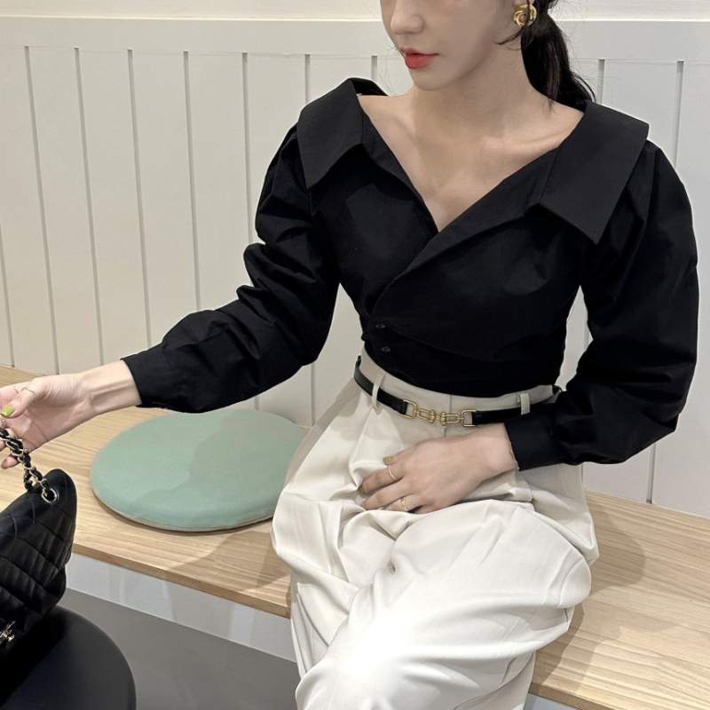 오픈카라셔츠 브이넥 랩언발라인 오픈숄더 퍼프 블라우스 라이프무드 : 라이프무드LIFEMOOD