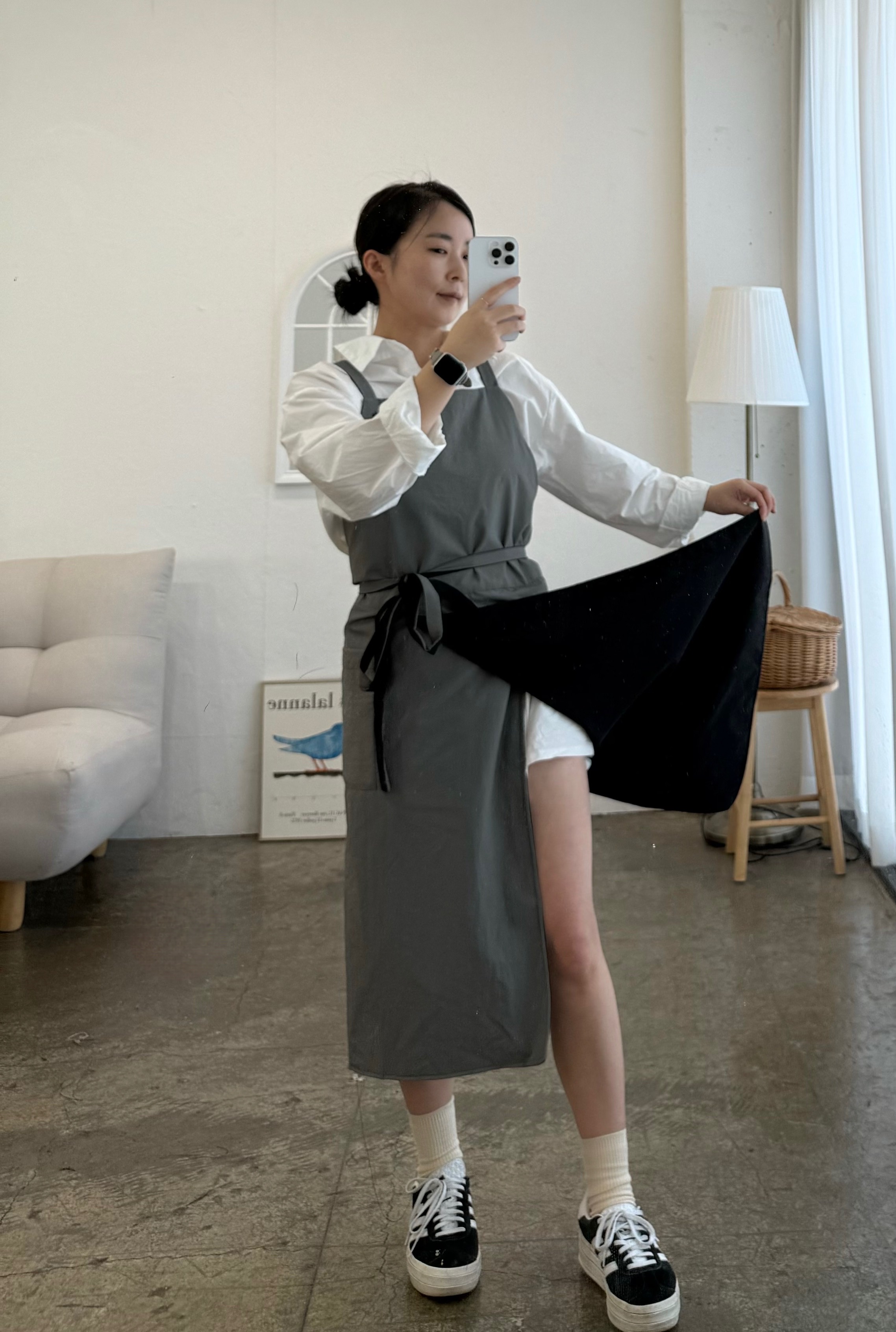 자수각인 차콜 블랙 방수앞치마 앞트임 양면앞치마 네일샵미용앞치마 미니앞치마 : 윤이나다-